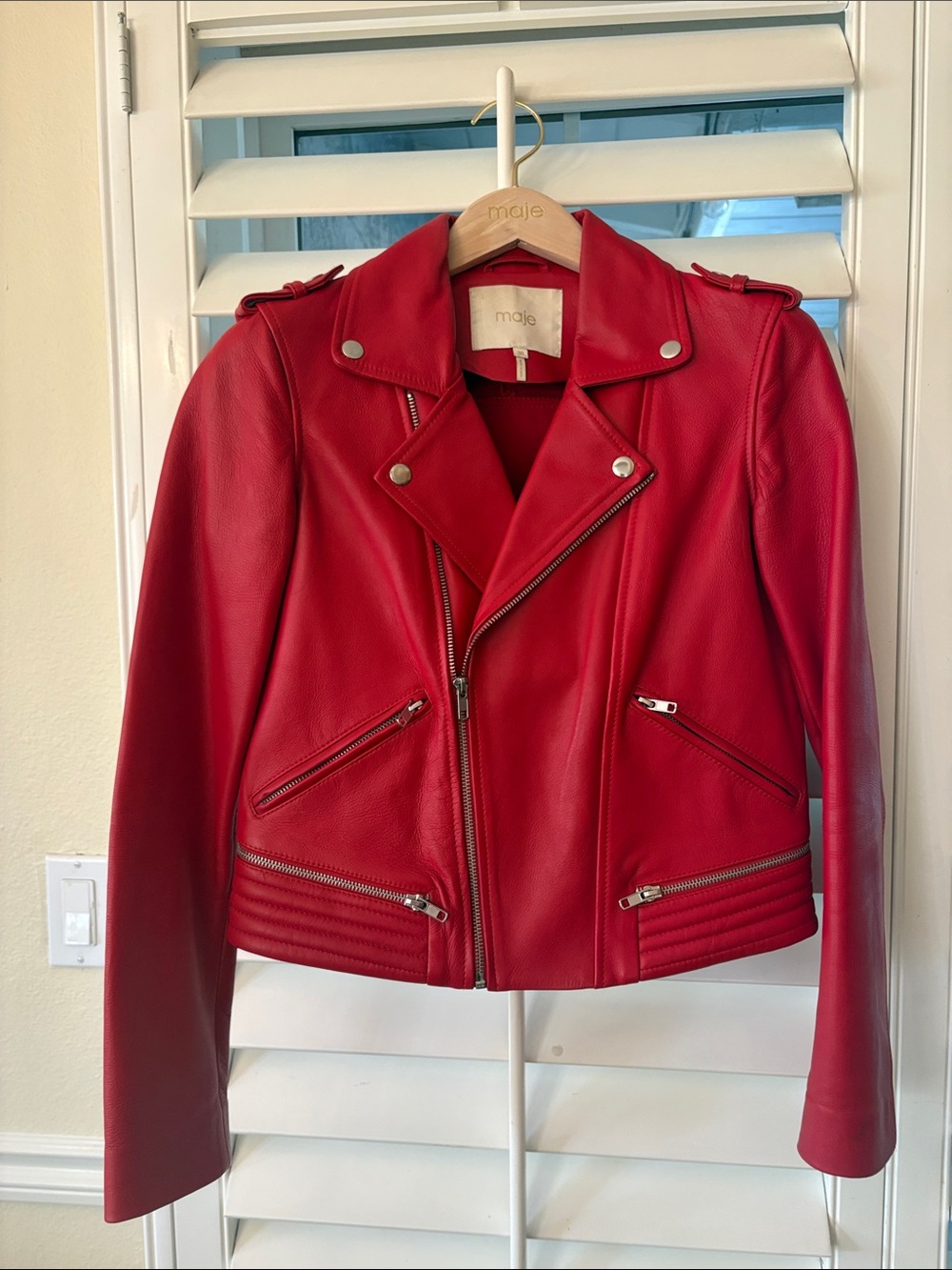 Maje Red Leather Biker Jacket